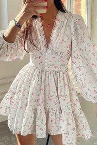 Willluxe® Deep V-Neck Lace Trim Floral Puff Sleeve Mini Dress