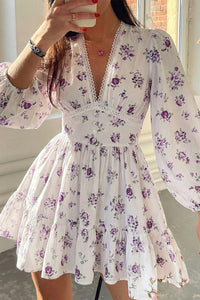 Willluxe® Deep V-Neck Lace Trim Floral Puff Sleeve Mini Dress