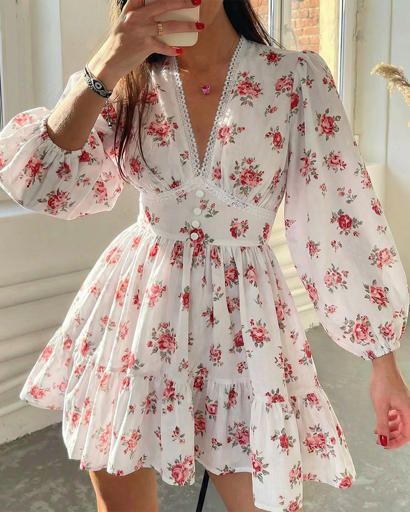 Willluxe® Deep V-Neck Lace Trim Floral Puff Sleeve Mini Dress