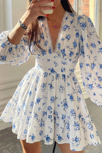 Willluxe® Deep V-Neck Lace Trim Floral Puff Sleeve Mini Dress