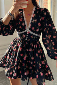 Willluxe® Deep V-Neck Lace Trim Floral Puff Sleeve Mini Dress