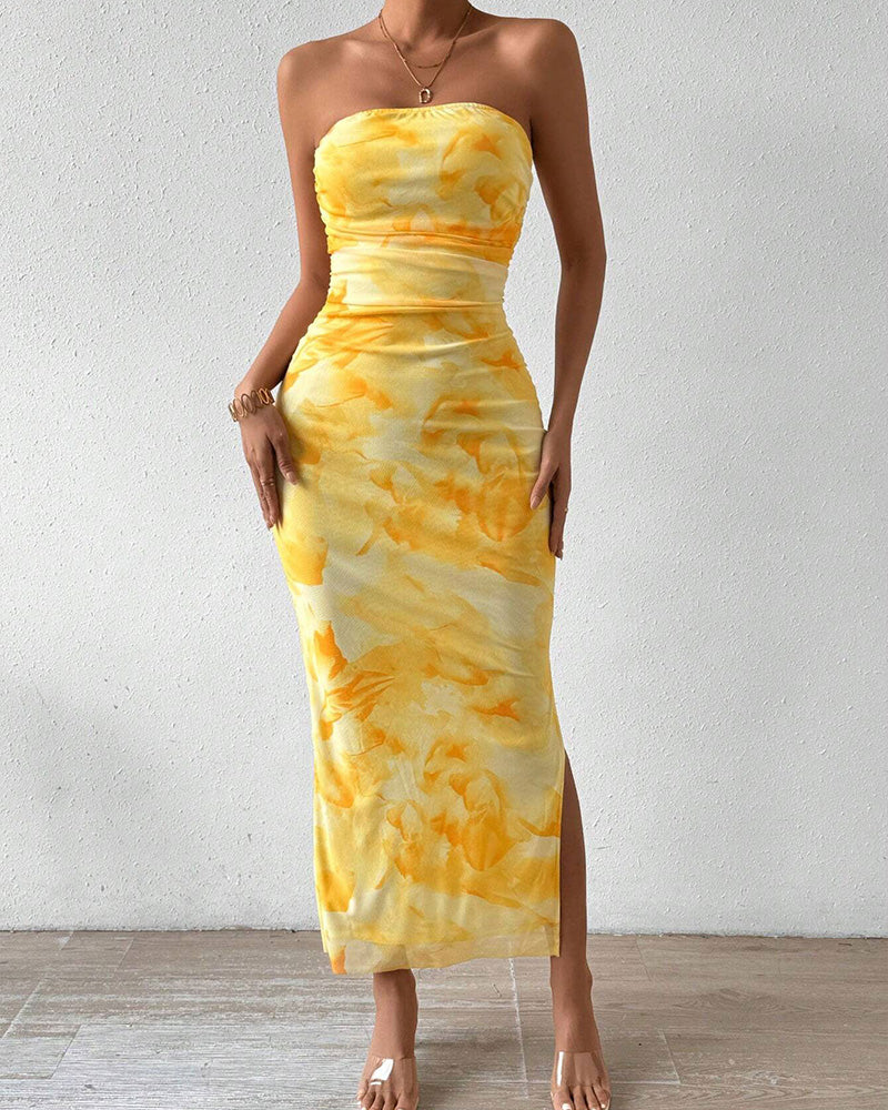 Willluxe® Yellow Floral High-Slit Bodycon Vacation Dress