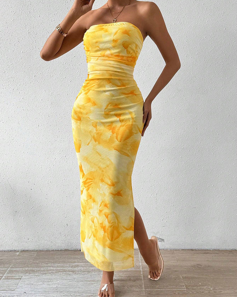 Willluxe® Yellow Floral High-Slit Bodycon Vacation Dress