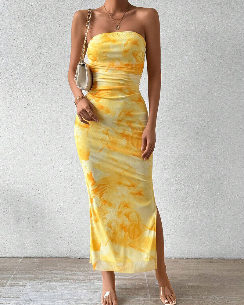 Willluxe® Yellow Floral High-Slit Bodycon Vacation Dress