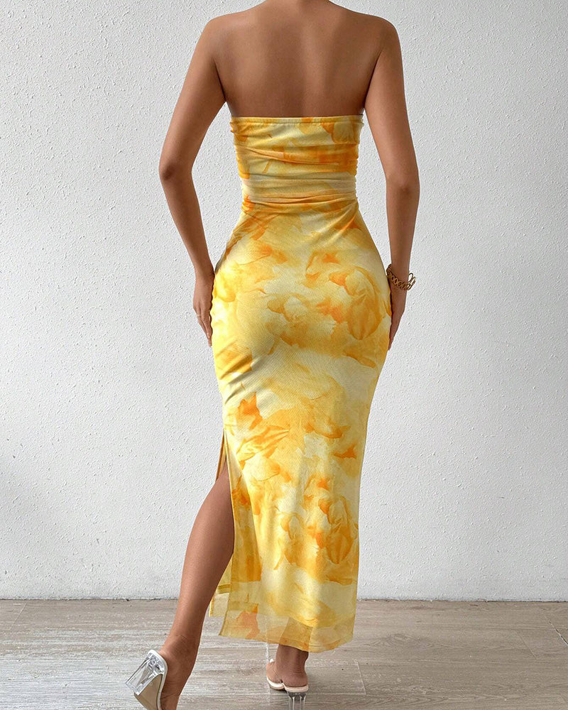 Willluxe® Yellow Floral High-Slit Bodycon Vacation Dress