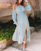 Willluxe® Boho Off-Shoulder Smocked Maxi Dress