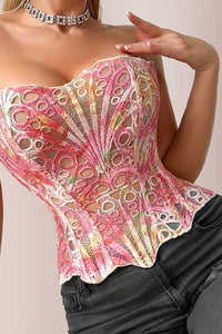 Willluxe® Vintage Print Lace Corset Top Sheer Mesh Bustier