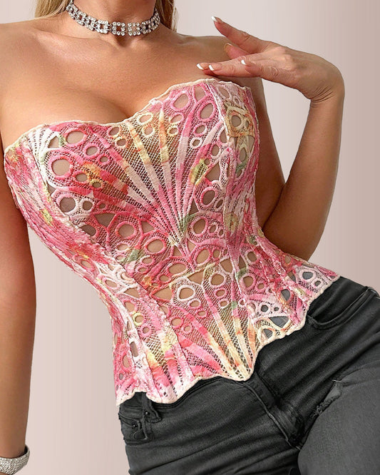 WILLLUXE® Vintage Print Lace Corset Top Sheer Mesh Bustier