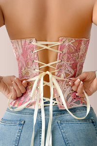Willluxe® Vintage Print Lace Corset Top Sheer Mesh Bustier