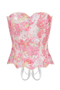 Willluxe® Vintage Print Lace Corset Top Sheer Mesh Bustier