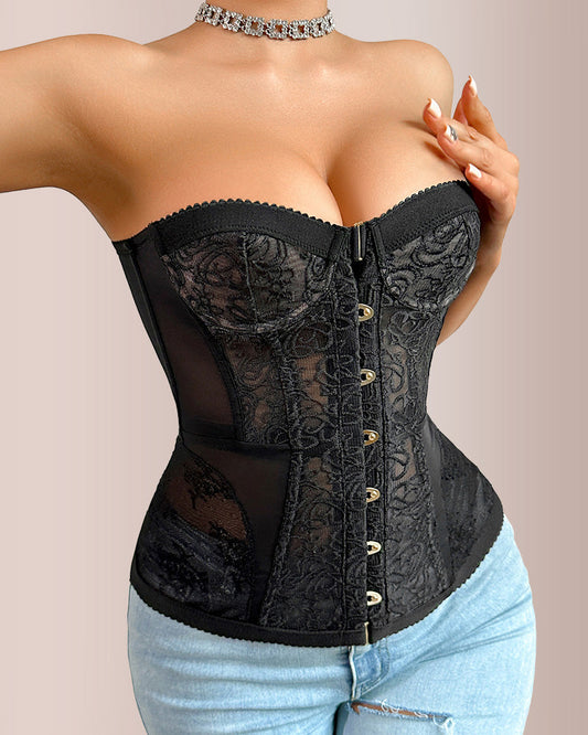WILLLUXE® Black Floral Lace Strapless Corset Bustier Top