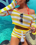 Willluxe® Striped Knitted Midriff-BaringShorts Set