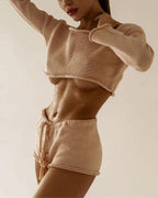 Willluxe® Striped Knitted Midriff-BaringShorts Set