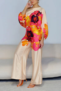 Willluxe® Fashion Print Satin 2 Piece Sets Women Casual Lantern Sleeve Off-Shoulder