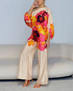 Willluxe® Fashion Print Satin 2 Piece Sets Women Casual Lantern Sleeve Off-Shoulder