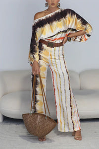 Willluxe® Fashion Print Satin 2 Piece Sets Women Casual Lantern Sleeve Off-Shoulder