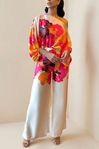 Willluxe® Fashion Print Satin 2 Piece Sets Women Casual Lantern Sleeve Off-Shoulder