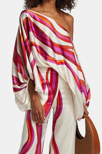Willluxe® Fashion Print Satin 2 Piece Sets Women Casual Lantern Sleeve Off-Shoulder