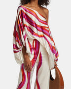 Willluxe® Fashion Print Satin 2 Piece Sets Women Casual Lantern Sleeve Off-Shoulder