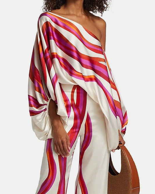 WILLLUXE® Fashion Print Satin 2 Piece Sets Women Casual Lantern Sleeve Off