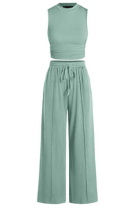 Willluxe® Ribbed Knit Crew Neck Sleeveless Cropped Top & Wide Leg Pants Lounge Set