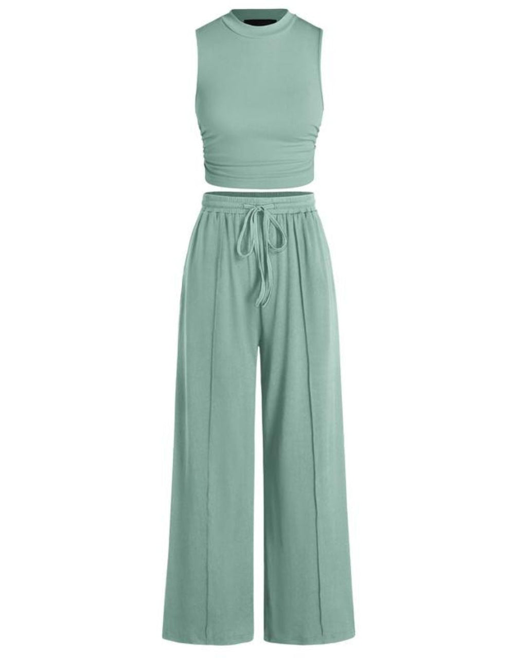 Willluxe® Ribbed Knit Crew Neck Sleeveless Cropped Top & Wide Leg Pants Lounge Set