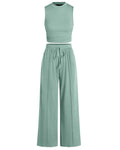 Willluxe® Ribbed Knit Crew Neck Sleeveless Cropped Top & Wide Leg Pants Lounge Set