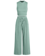 Willluxe® Ribbed Knit Crew Neck Sleeveless Cropped Top & Wide Leg Pants Lounge Set