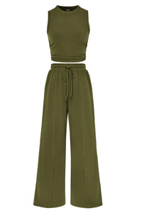 Willluxe® Ribbed Knit Crew Neck Sleeveless Cropped Top & Wide Leg Pants Lounge Set