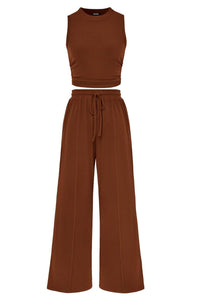 Willluxe® Ribbed Knit Crew Neck Sleeveless Cropped Top & Wide Leg Pants Lounge Set