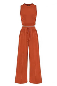 Willluxe® Ribbed Knit Crew Neck Sleeveless Cropped Top & Wide Leg Pants Lounge Set