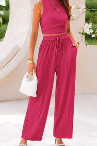 Willluxe® Ribbed Knit Crew Neck Sleeveless Cropped Top & Wide Leg Pants Lounge Set
