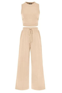 Willluxe® Ribbed Knit Crew Neck Sleeveless Cropped Top & Wide Leg Pants Lounge Set