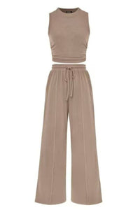 Willluxe® Ribbed Knit Crew Neck Sleeveless Cropped Top & Wide Leg Pants Lounge Set