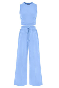 Willluxe® Ribbed Knit Crew Neck Sleeveless Cropped Top & Wide Leg Pants Lounge Set