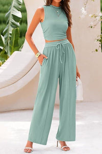 Willluxe® Ribbed Knit Crew Neck Sleeveless Cropped Top & Wide Leg Pants Lounge Set