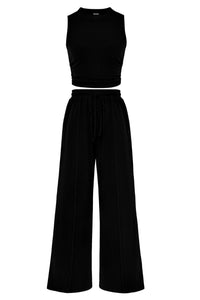 Willluxe® Ribbed Knit Crew Neck Sleeveless Cropped Top & Wide Leg Pants Lounge Set