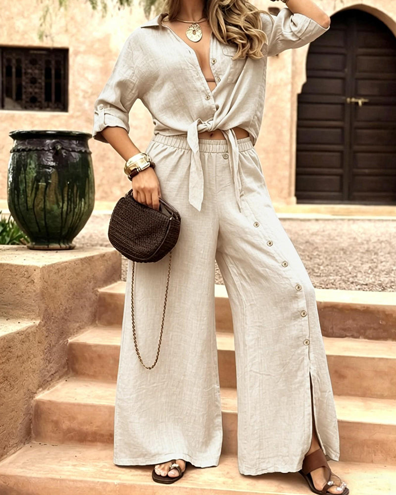 Willluxe® Linen-Blend Tie-Front Top & Wide Leg Pants Set