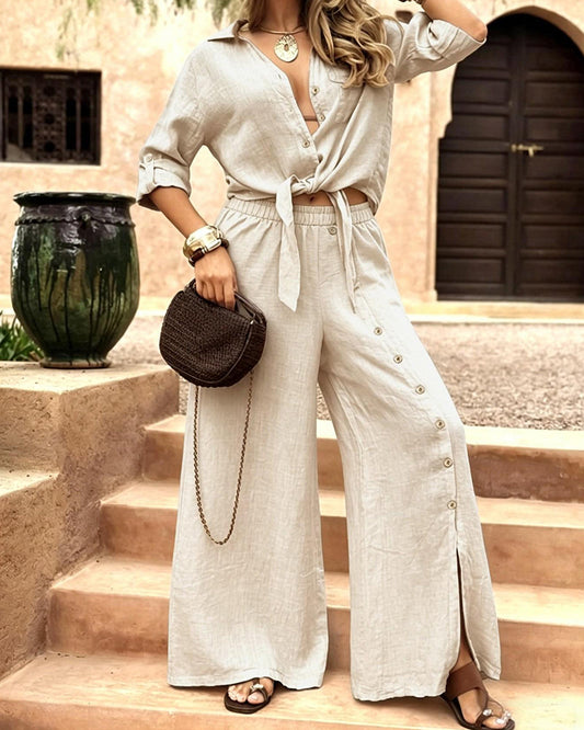WILLLUXE® Linen-Blend Tie-Front Top & Wide Leg Pants Set