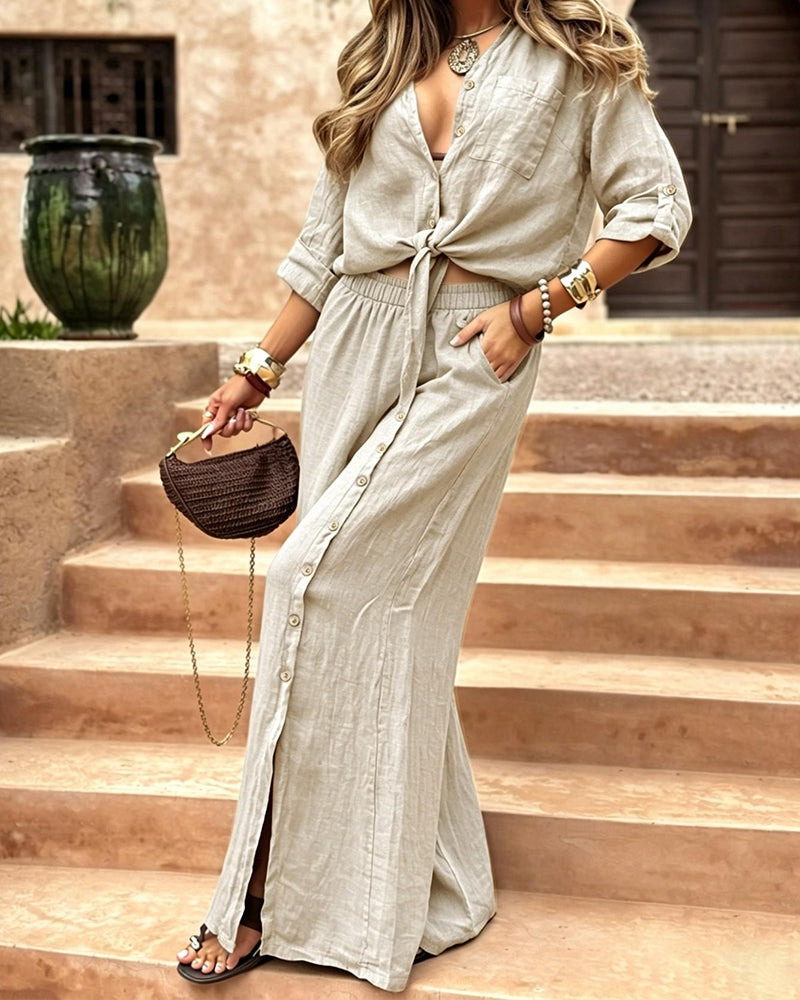 Willluxe® Linen-Blend Tie-Front Top & Wide Leg Pants Set
