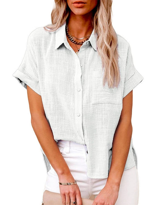 WILLLUXE® Dressy Casual V Neck Button Down Shirts Short Sleeve Blouses
