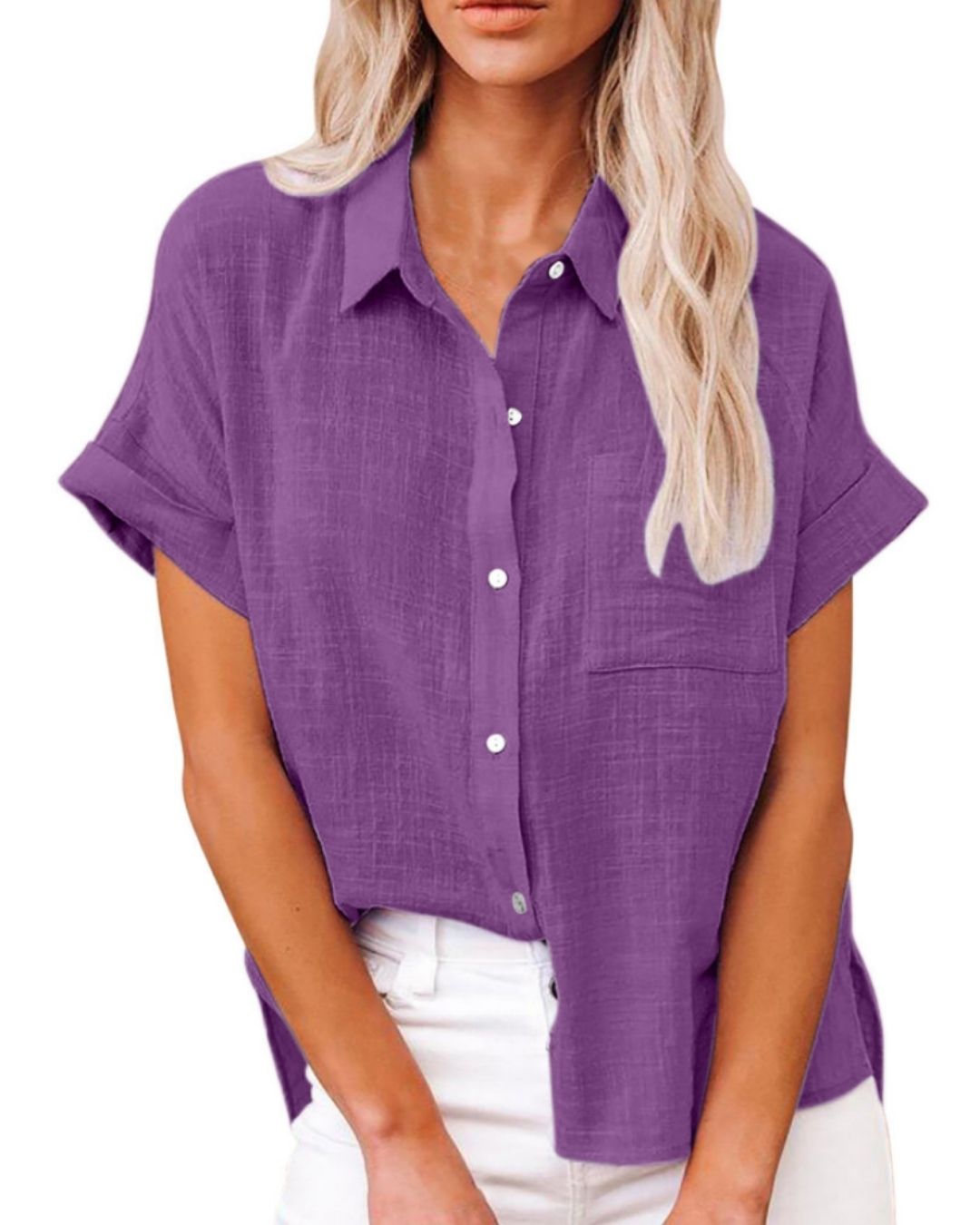 Willluxe® Dressy Casual V Neck Button Down Shirts Short Sleeve Blouses