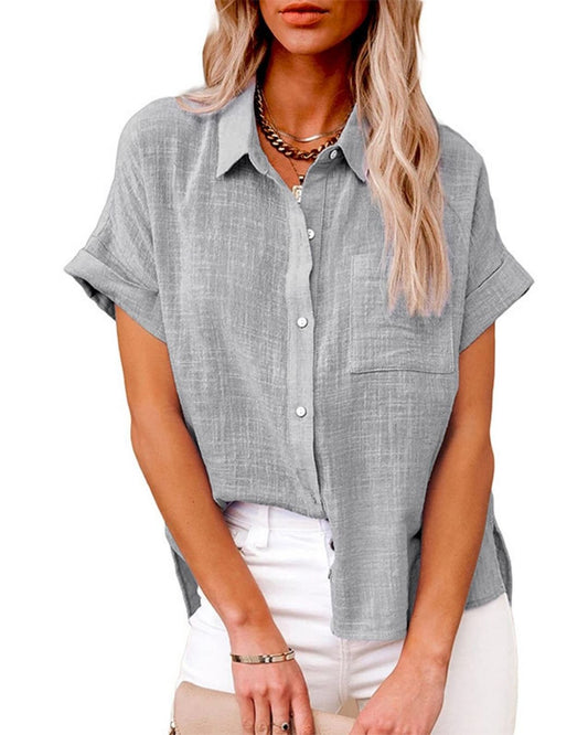 WILLLUXE® Dressy Casual V Neck Button Down Shirts Short Sleeve Blouses