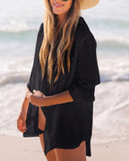 Willluxe® Casual Style Semi-sheer Button Front Long Sleeve Pocket Shirt Cover Up