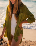 Willluxe® Casual Style Semi-sheer Button Front Long Sleeve Pocket Shirt Cover Up