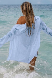 Willluxe® Casual Style Semi-sheer Button Front Long Sleeve Pocket Shirt Cover Up