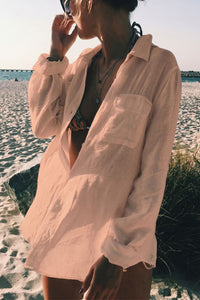 Willluxe® Casual Style Semi-sheer Button Front Long Sleeve Pocket Shirt Cover Up