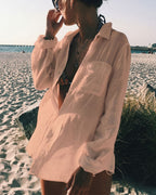Willluxe® Casual Style Semi-sheer Button Front Long Sleeve Pocket Shirt Cover Up