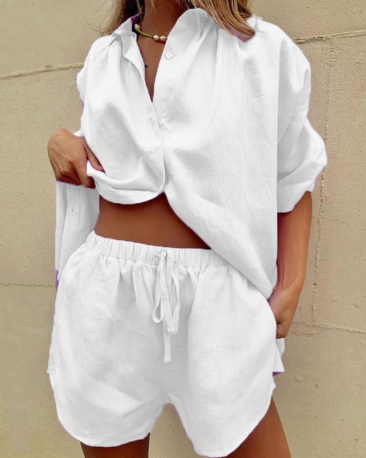 WILLLUXE® Casual V-Neck Button Down Shirt and Shorts Set Easy Everyday Summer Two-Piece Outfit