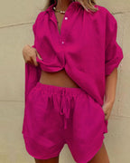 Willluxe® Casual V-Neck Button Down Shirt and Shorts Set Easy Everyday Summer Two-Piece Outfit